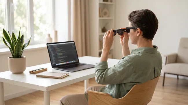 Homme en télétravail faisant une micro-pause avec des lunettes à trous devant son ordinateur