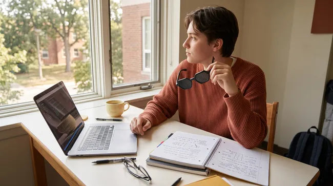 Étudiant regardant au loin par la fenêtre, lunettes à trous en main, pendant ses révisions