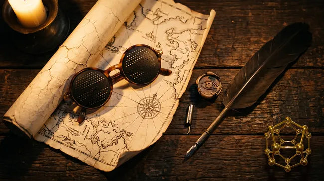 Lunettes sténopéiques sur une carte ancienne avec plume et dodécaèdre, évocation de leur histoire