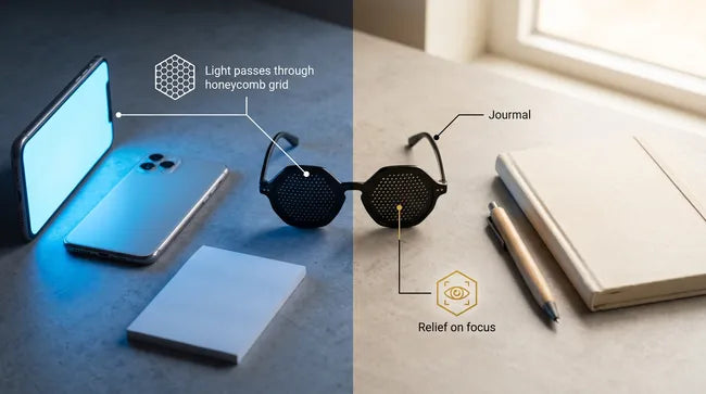 Smartphone lumineux et lunettes à trous Ophtalgym sur un bureau, schéma de l'effet sténopé