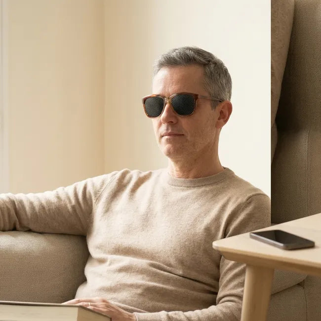 Homme de la cinquantaine portant des lunettes à trous Ophtalgym, assis détendu sur un canapé