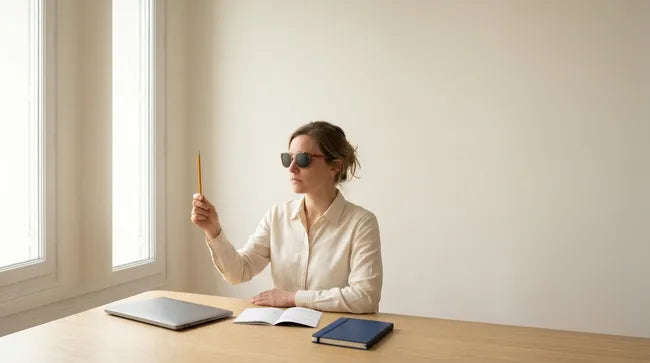 Femme à son bureau portant des lunettes à trous, crayon tendu à bout de bras pour un exercice