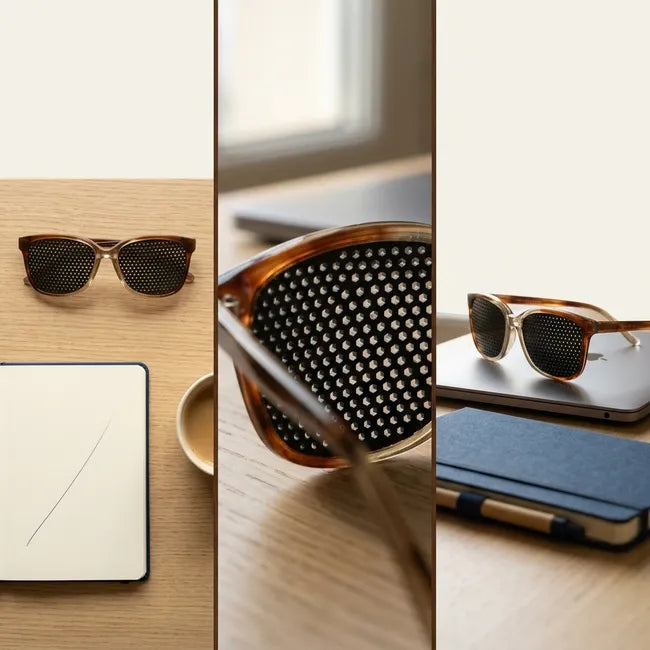 Triptyque de détails : lunettes à trous sur un bureau, gros plan sur la grille, lunettes sur un ordinateur