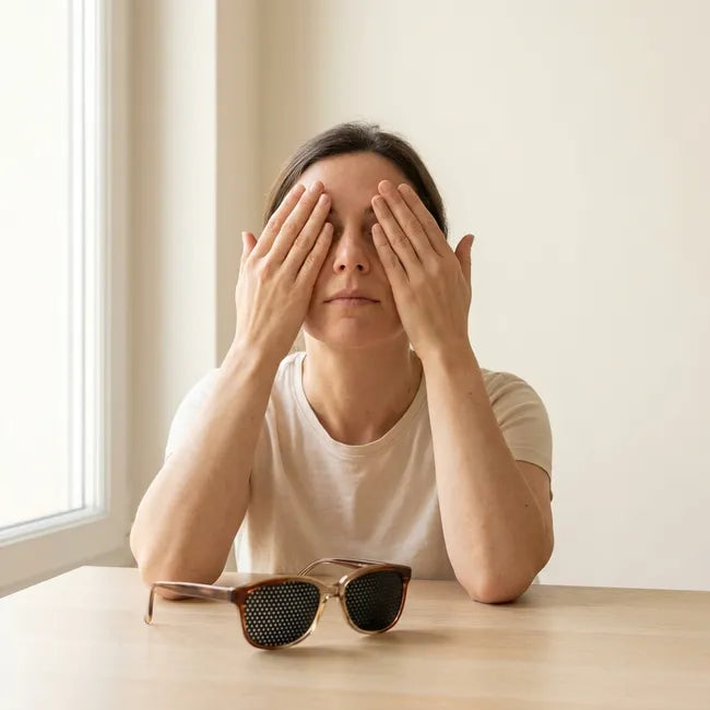 Femme pratiquant le palming, paumes sur les yeux, lunettes à trous posées sur la table