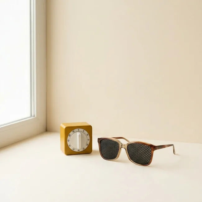Lunettes à trous Ophtalgym près d'un minuteur de cuisine moutarde, pour une séance de 10 minutes