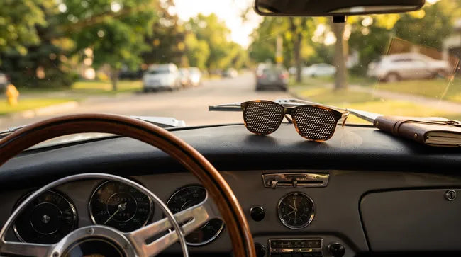 Lunettes à trous posées sur le tableau de bord d'une voiture à l'arrêt, à ne jamais porter au volant
