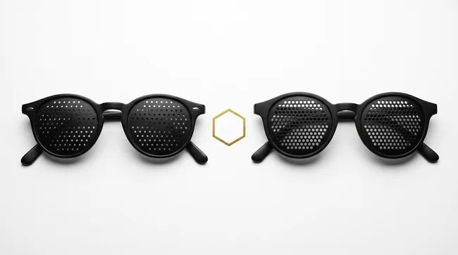 Deux paires de lunettes à trous côte à côte avec un hexagone doré, comparaison des géométries