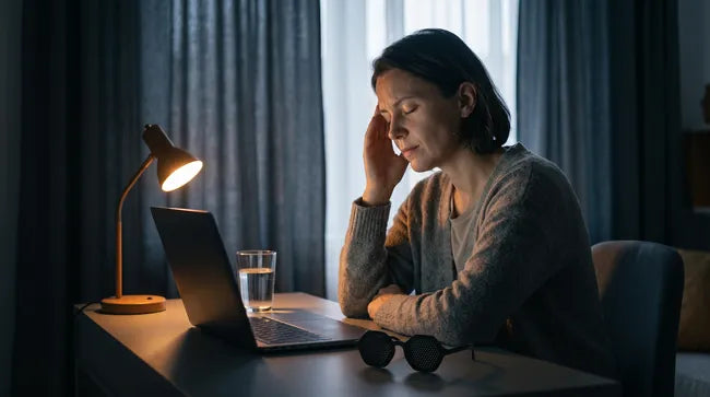 Femme fatiguée se tenant la tempe devant son ordinateur, lunettes à trous posées sur le bureau