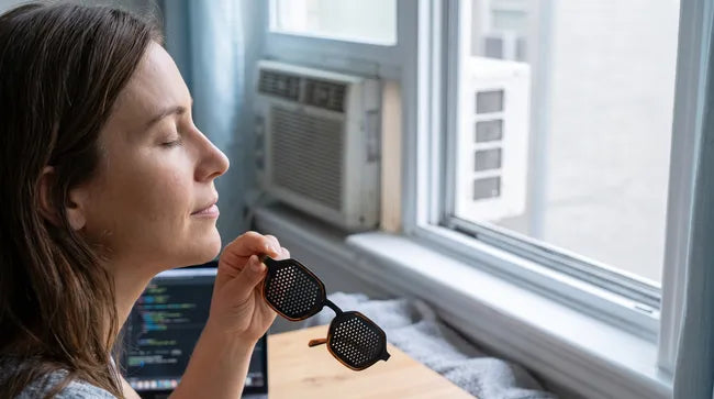 Femme faisant une pause sténopéique près d'une fenêtre, yeux fermés, lunettes à trous à la main