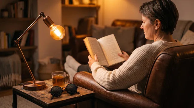 Femme lisant un livre le soir dans un fauteuil, lunettes à trous posées près d'une lampe