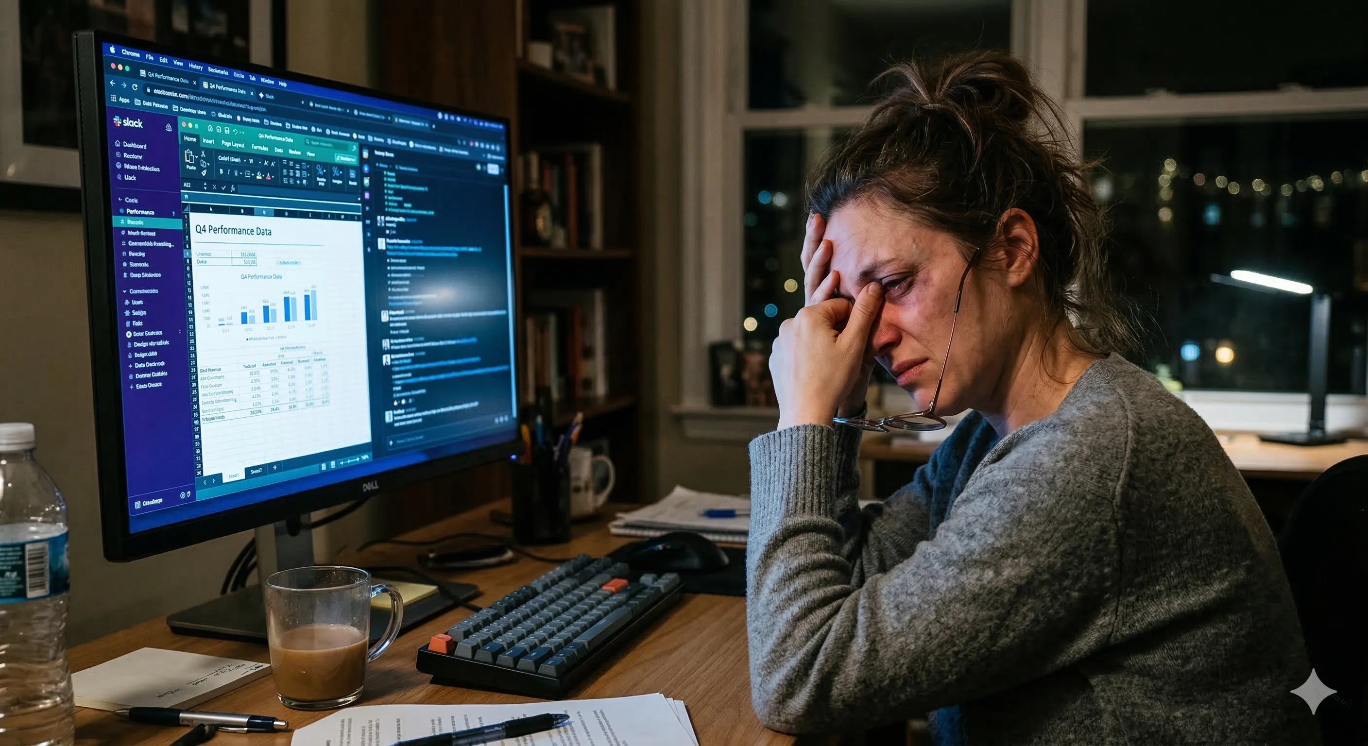 Personne souffrant de fatigue visuelle et oculaire devant son écran d'ordinateur au bureau
