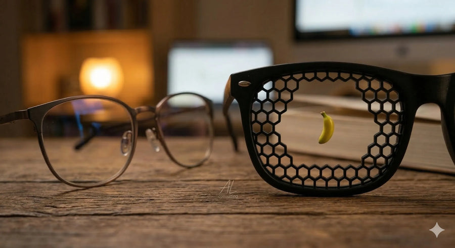 Lunettes de vue et lunettes à trous à grille nid d'abeille posées côte à côte sur une table en bois