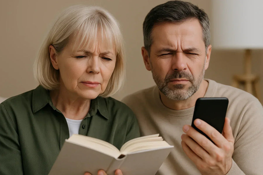 Couple de quinquagénaires plissant les yeux pour lire un livre et un smartphone