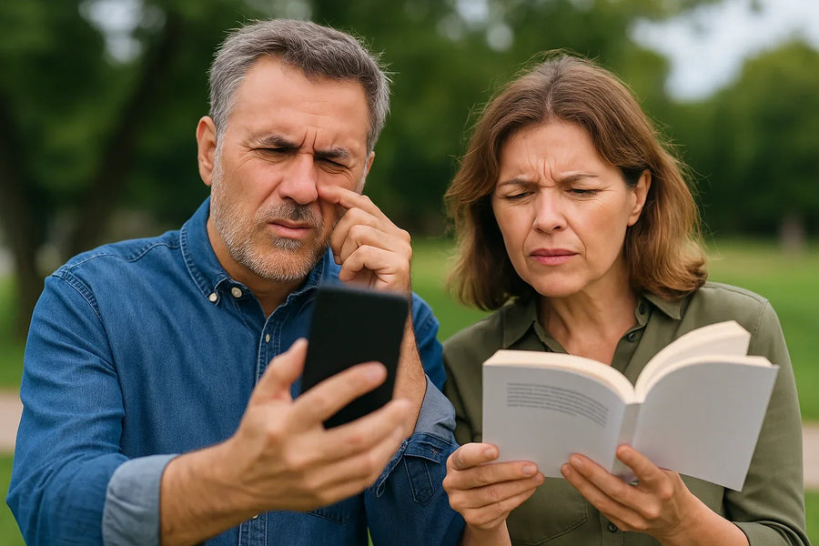Homme plissant les yeux devant son smartphone à côté d'une femme lisant un livre en extérieur