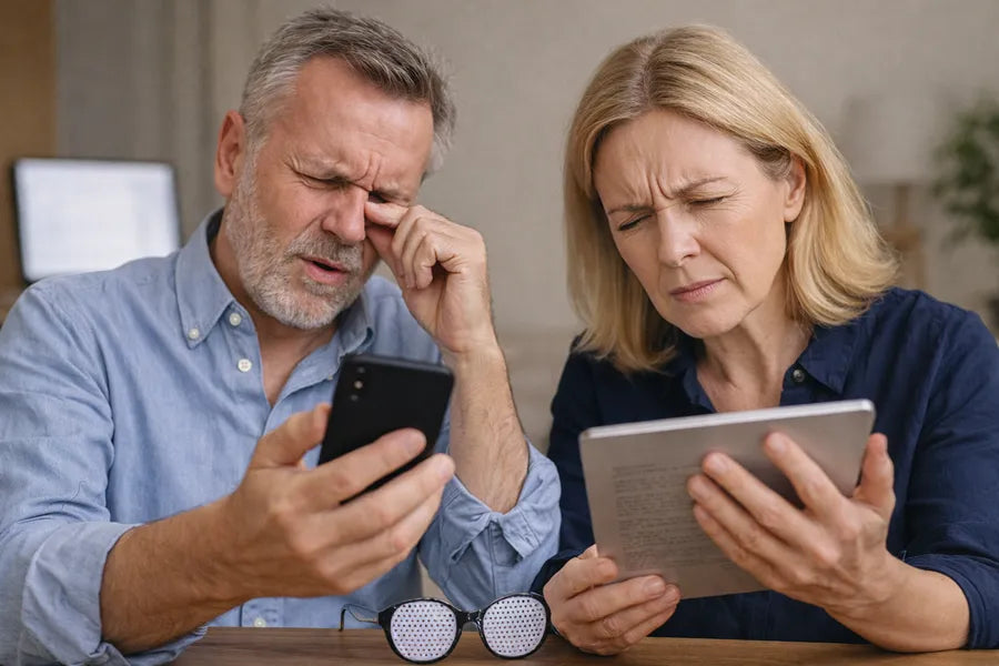 Homme et femme de plus de 45 ans plissant les yeux devant un smartphone et une tablette, lunettes à trous posées sur la table