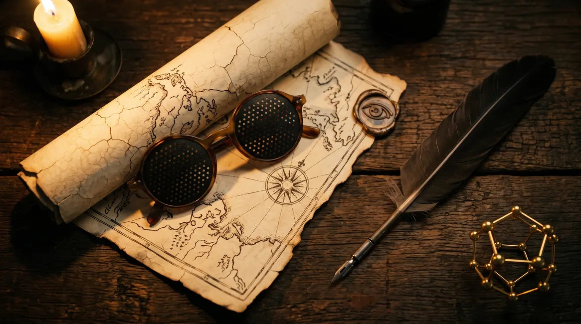 Lunettes sténopéiques posées sur une carte ancienne avec une plume, une bougie et un dodécaèdre doré