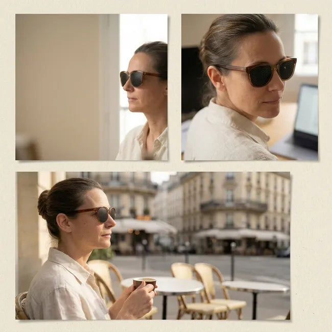 Triptyque d'une femme portant des lunettes à trous près d'une fenêtre, devant un ordinateur et en terrasse
