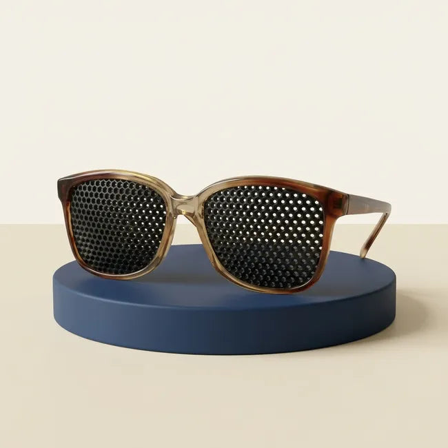 Lunettes à trous Ophtalgym en écaille posées sur un présentoir bleu encre, fond crème